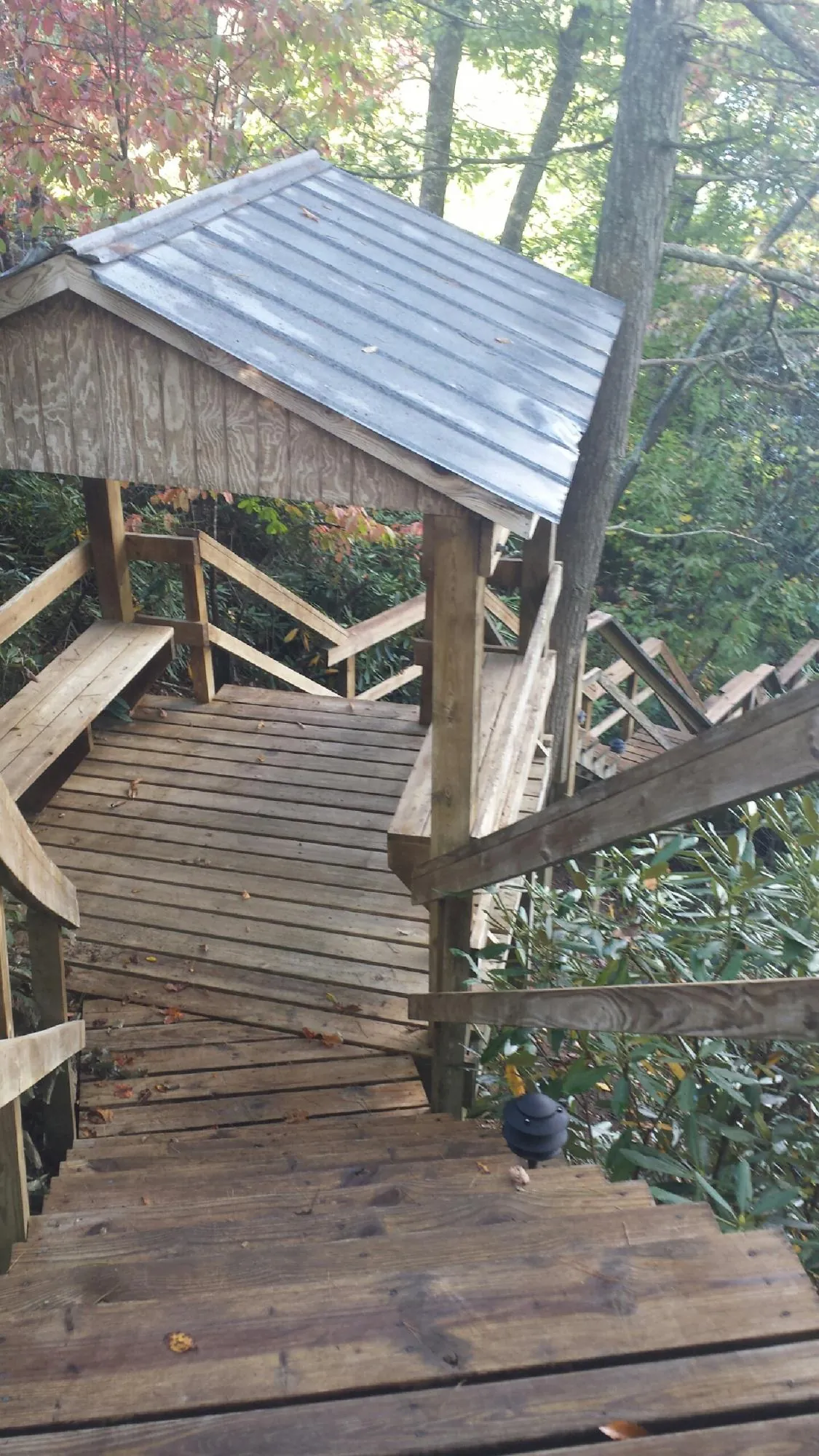 Metal roofed shelter over wooden steps on a wooded walkway — Skylight Repair & Installation work by our crew in Springville